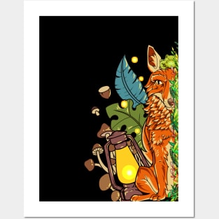 Fox and frog with mushrooms in the forest - Goblincore Posters and Art